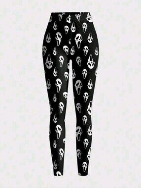 Romwe Black Halloween Horror Scream Ghostface Mask Print Leggings